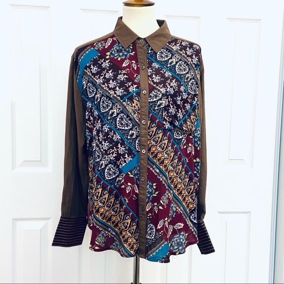 Oddy Mixed Prints Floral Paisley Western Button Down Shirt Womens Sz M Boho - Picture 3 of 9